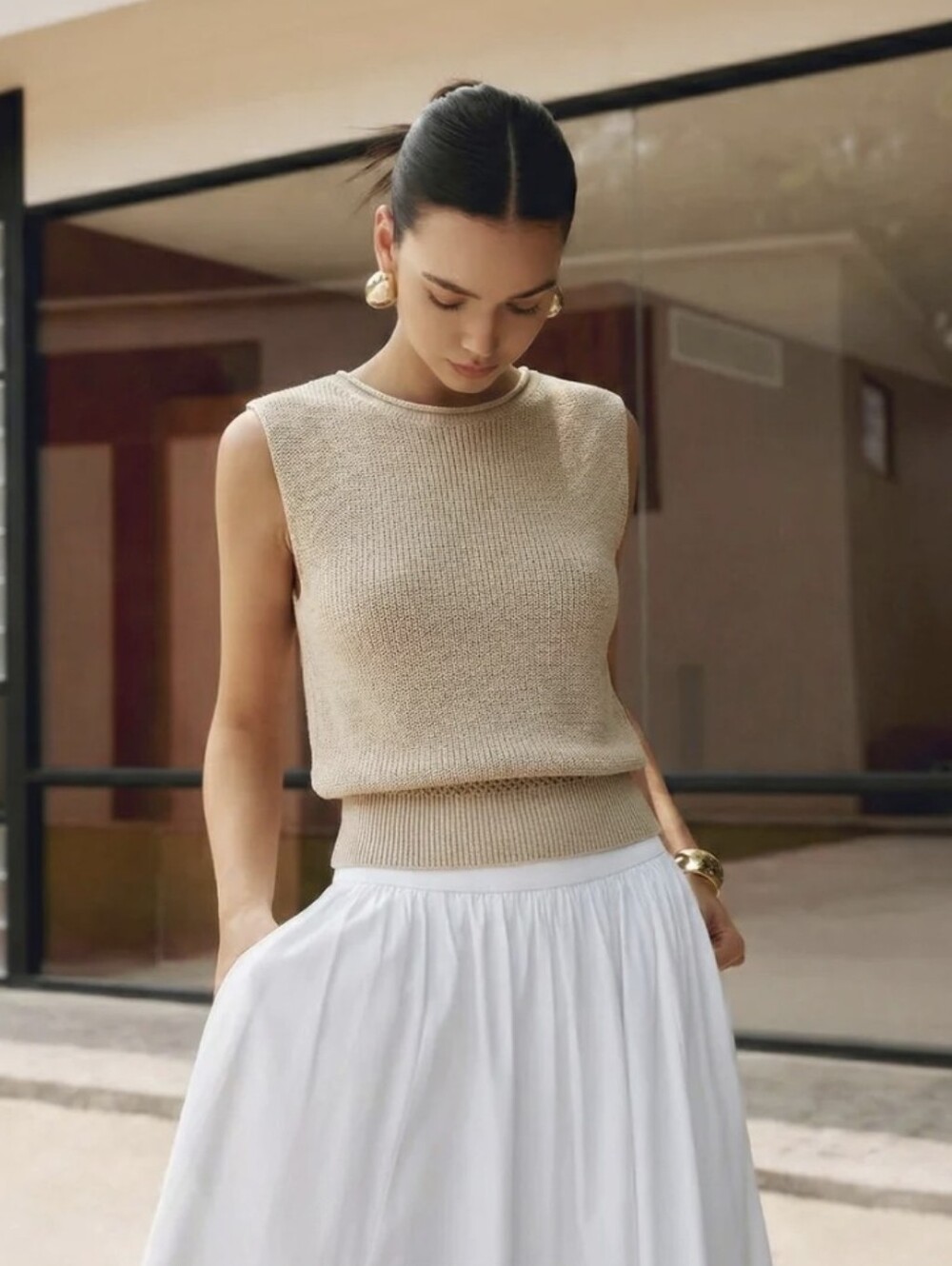 NWT Commense Bloused Waist Sleeveless Knit Sweater Top-Khaki
